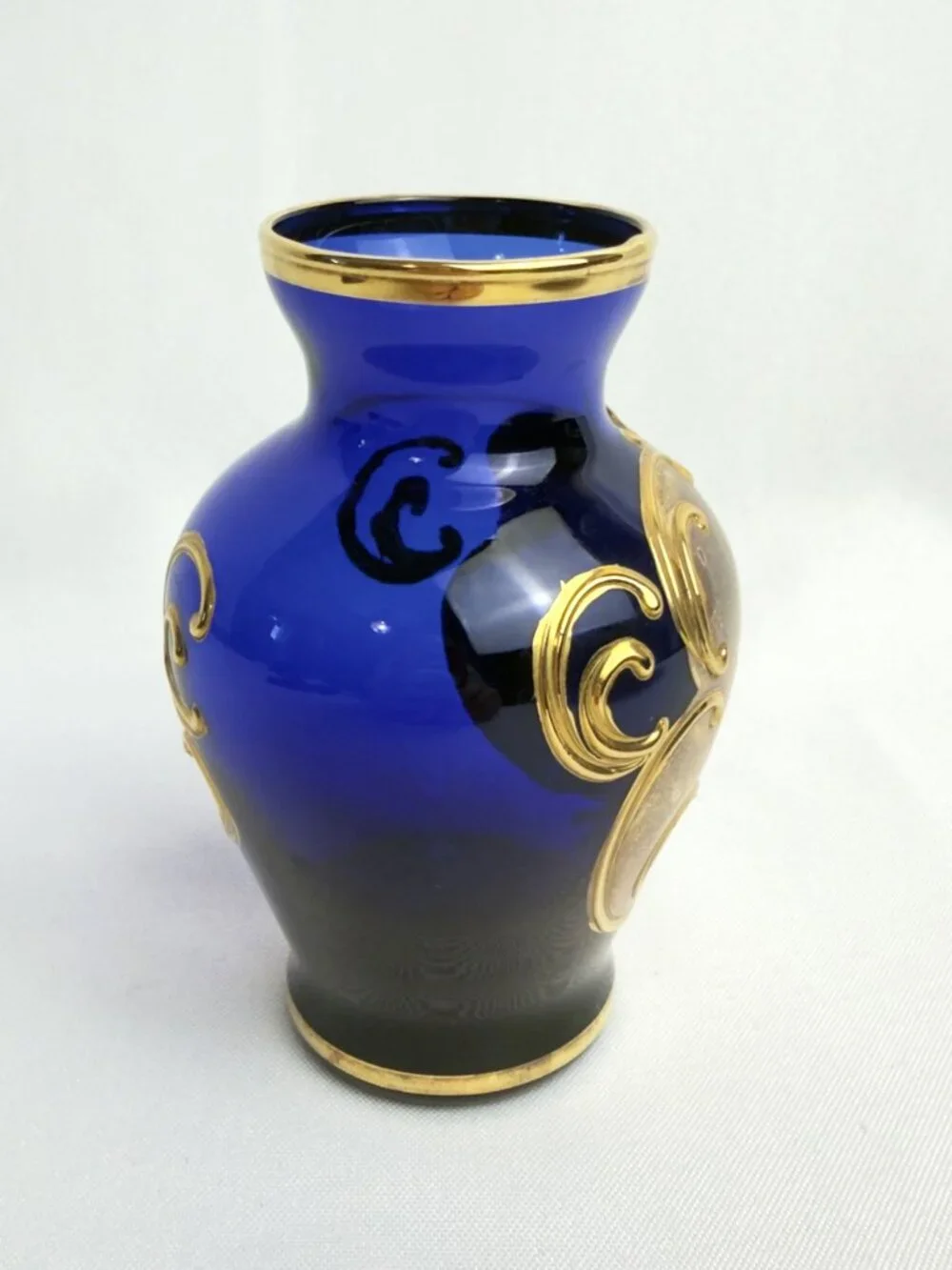 Murano Glass Vintage Vase Cobalt Blue & Gold Enamel Raised Floral 4 ¼” Italy